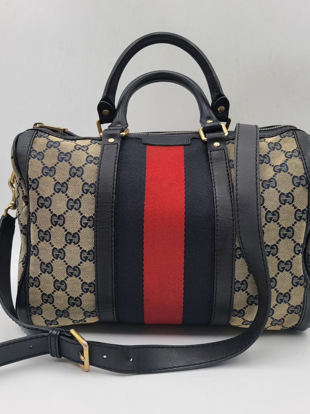GUCCI Monogram Selleria Calfskin Vintage Web Medium Boston Blue, Auth. w/COA..